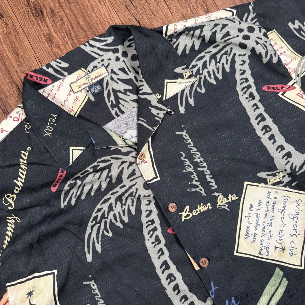 Tommy Bahama Relax Silk Camp Shirt Mens XL Black Dictionary Palm Tree Swordfish